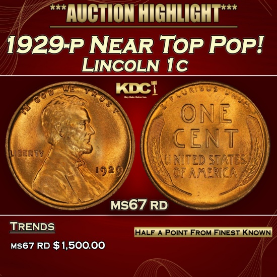 1929-p Lincoln Cent Near Top Pop! 1c ms67 rd SEGS