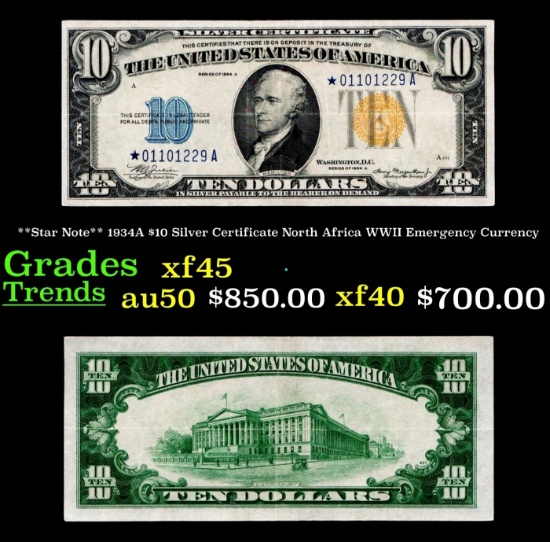 **Star Note** 1934A $10 Silver Certificate North Africa WWII Emergency Currency Grades xf45