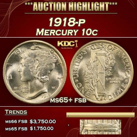 1918-p Mercury Dime 10c ms65+ fsb SEGS