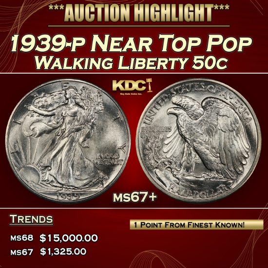 1939-p Walking Liberty Half Dollar Near Top Pop 50c ms67+ SEGS