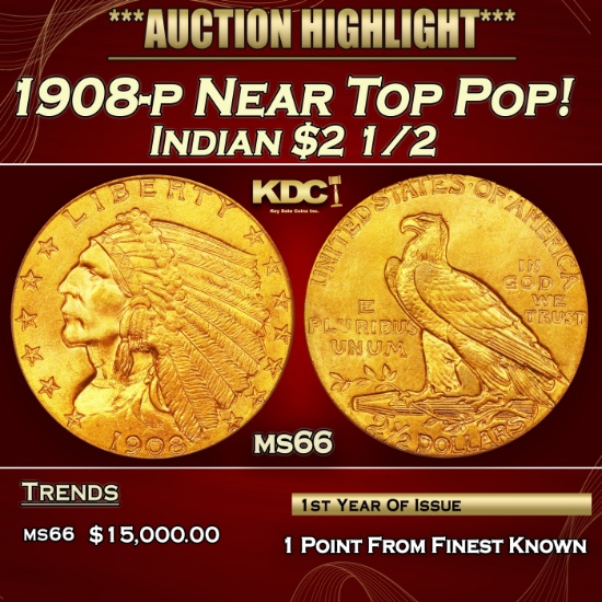 1908-p Gold Indian Quarter Eagle Near Top Pop! $2 1/2 ms66 USCG