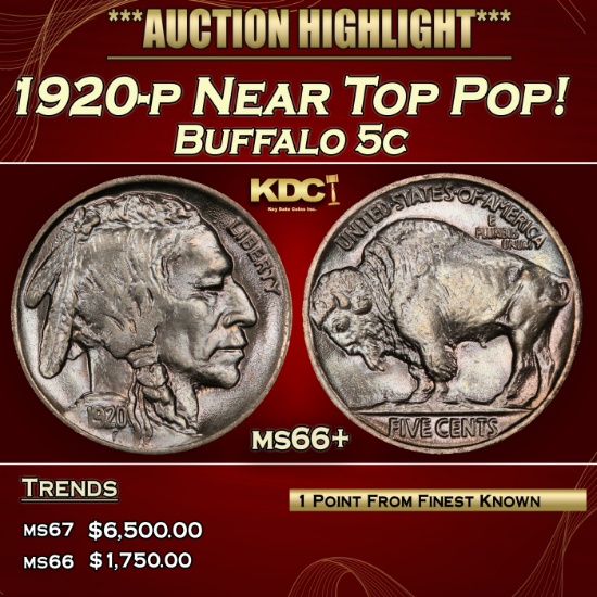 1920-p Buffalo Nickel Near Top Pop! 5c ms66+ SEGS
