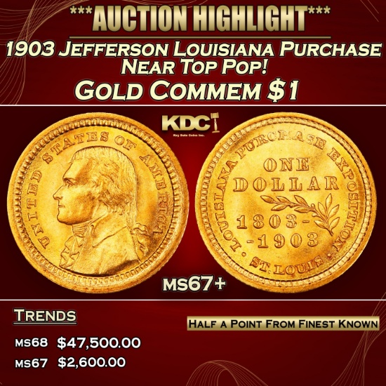 1903 Jefferson Louisiana Purchase Gold Commem Dollar Near Top Pop! 1 ms67+ SEGS
