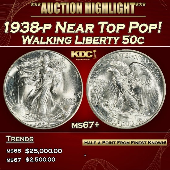 1938-p Walking Liberty Half Dollar Near Top Pop! 50c ms67+ SEGS