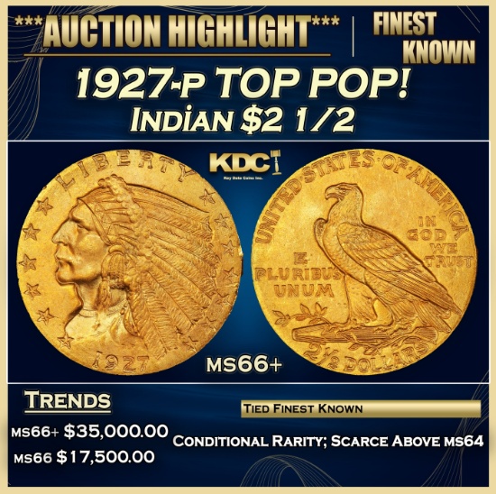 1927-p Gold Indian Quarter Eagle TOP POP! $2 1/2 ms66+ USCG