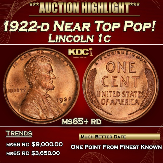 1922-d Lincoln Cent Near Top Pop! 1c ms65+ rd SEGS