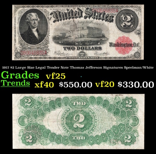 1917 $2 Large Size Legal Tender Note Thomas Jefferson Grades vf25 Signatures Speelman/White