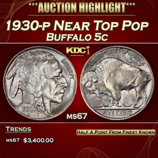 1930-p Buffalo Nickel Near Top Pop 5c ms67 SEGS