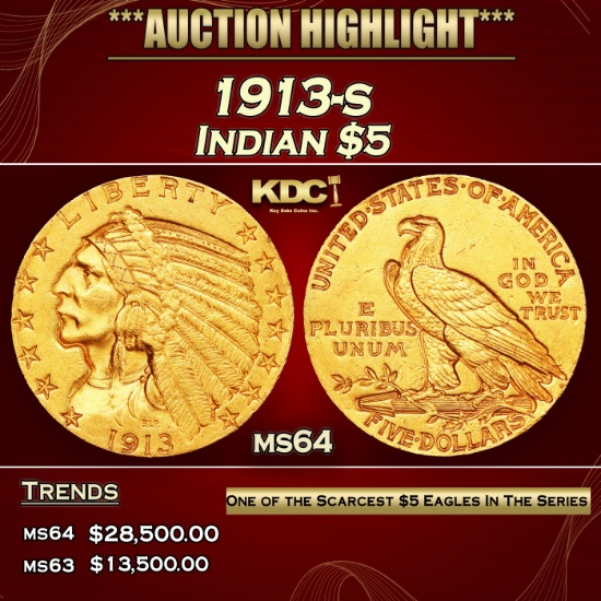 1913-s Gold Indian Half Eagle $5 ms64 USCG