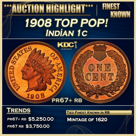 1908 Proof Indian Cent TOP POP! 1c pr67+ rb SEGS