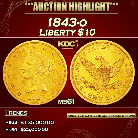1843-o Gold Liberty Eagle $10 ms61 SEGS
