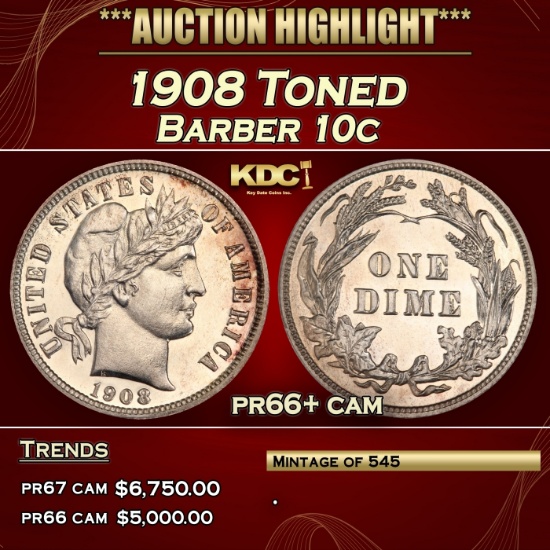 1908 Proof Barber Dime Toned 10c pr66+ cam SEGS