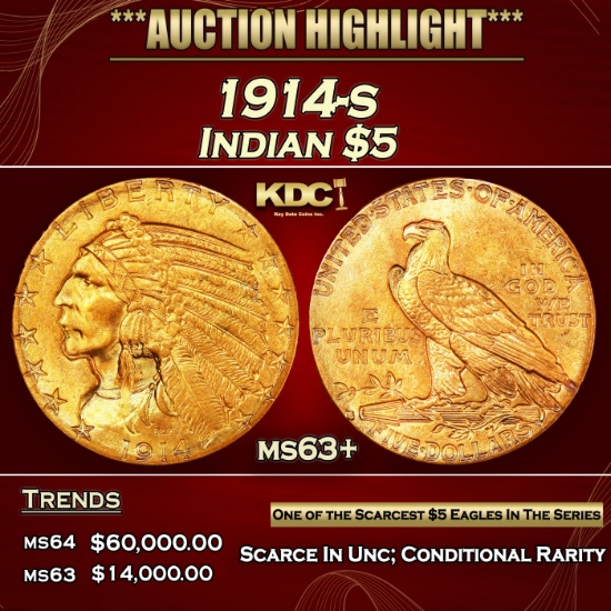 1914-s Gold Indian Half Eagle $5 ms63+ USCG