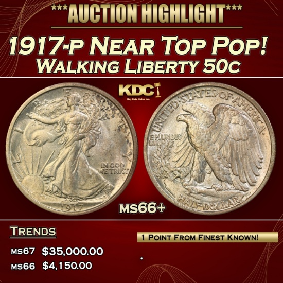 1917-p Walking Liberty Half Dollar Near Top Pop! 50c ms66+ SEGS