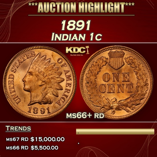 1891 Indian Cent 1c ms66+ rd SEGS
