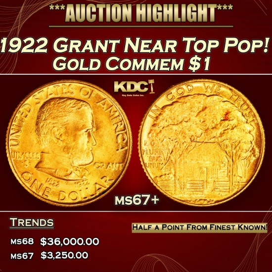 1922 Grant Gold Commem Dollar Near Top Pop! 1 ms67+ SEGS