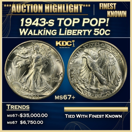 1943-s Walking Liberty Half Dollar TOP POP! 50c ms67+ SEGS