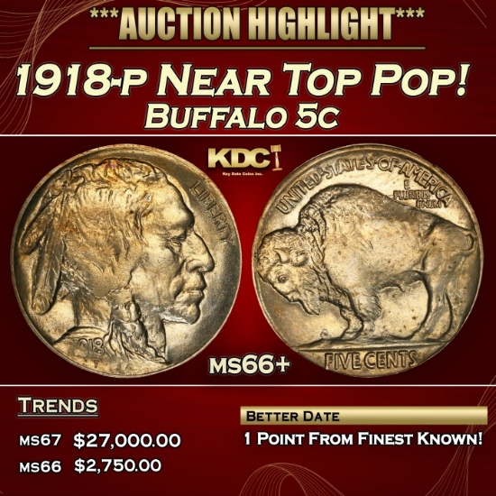 1918-p Buffalo Nickel Near Top Pop! 5c ms66+ SEGS