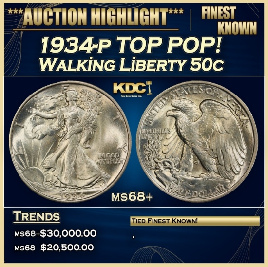 1934-p Walking Liberty Half Dollar TOP POP! 50c ms68+ SEGS