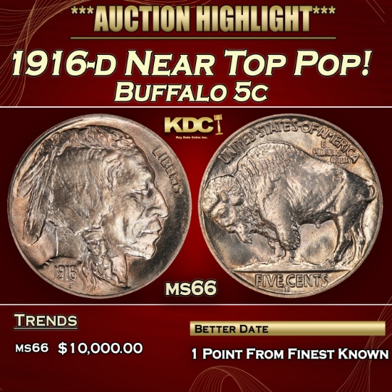 1916-d Buffalo Nickel Near Top Pop! 5c ms66 SEGS