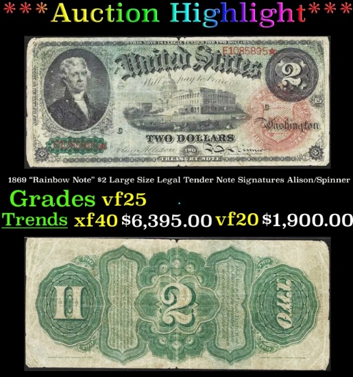 1869 $2 Large Size Legal Tender Note "Rainbow Note" Grades vf+ Signatures Alison/Spinner