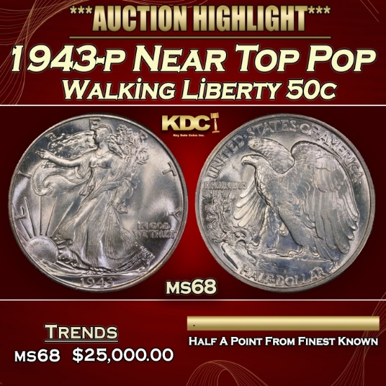1943-p Walking Liberty Half Dollar Near Top Pop 50c ms68 SEGS