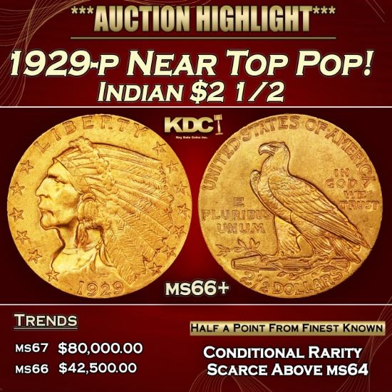 1929-p Gold Indian Quarter Eagle Near Top Pop! $2 1/2 ms66+ USCG