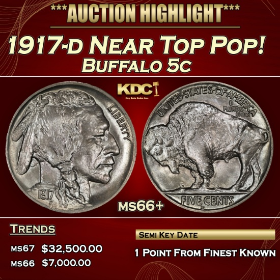 1917-d Buffalo Nickel Near Top Pop! 5c ms66+ SEGS