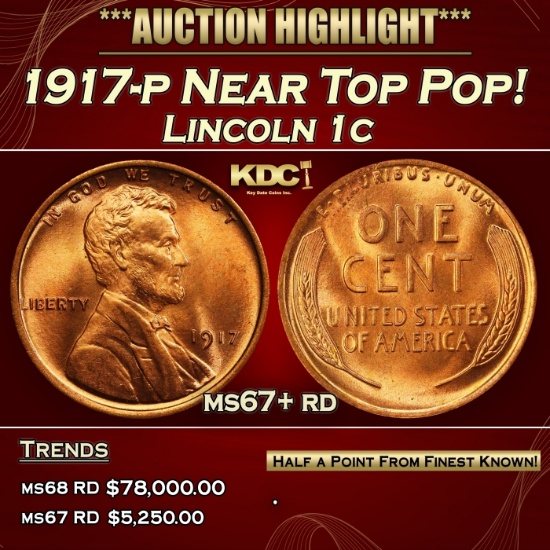 1917-p Lincoln Cent Near Top Pop! 1c ms67+ rd SEGS