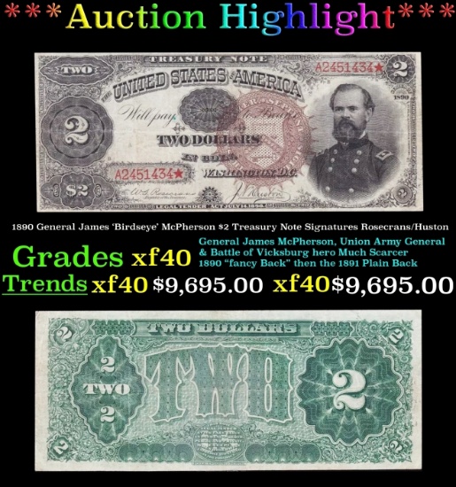 1890 $2 Treasury Note General James 'Birdseye' McPherson Grades xf40 Signatures Rosecrans/Huston