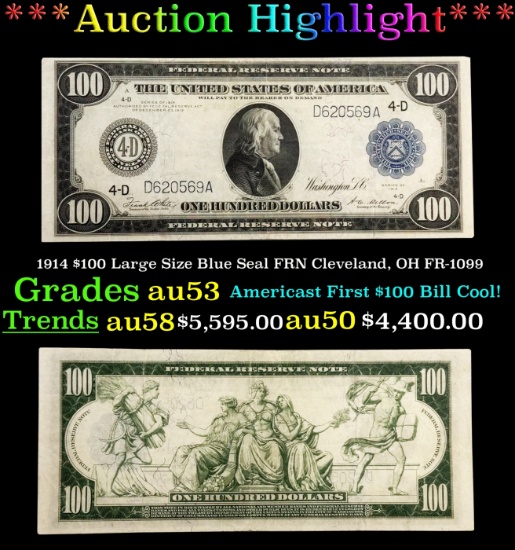 1914 $100 Large Size Blue Seal FRN Cleveland, OH Grades Select AU FR-1099