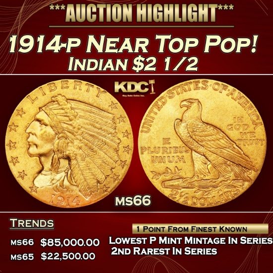 1914-p Gold Indian Quarter Eagle Near Top Pop! $2 1/2 ms66 USCG