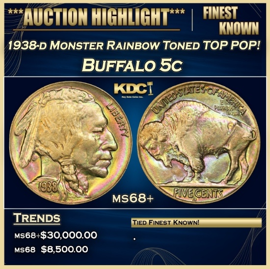 1938-d Buffalo Nickel Monster Rainbow Toned TOP POP! 5c ms68+ SEGS