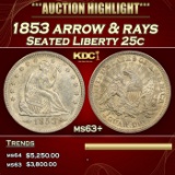 1853 arrow & rays Seated Liberty Quarter 25c ms63+ SEGS