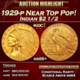 1929-p Gold Indian Quarter Eagle Near Top Pop! $2 1/2 ms66+ USCG