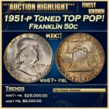 1951-p Franklin Half Dollar Toned TOP POP! 50c ms67+ fbl SEGS