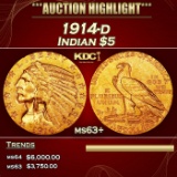1914-d Gold Indian Half Eagle $5 ms63+ USCG