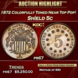 1872 Proof Shield Nickel Colorfully Toned Near Top Pop! 5c pr67 SEGS