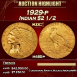 1929-p Gold Indian Quarter Eagle $2 1/2 ms65+ SEGS