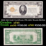 1928 $20 Gold Certificate FR-2402 Woods/Mellon Grades xf+