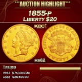 1855-p Gold Liberty Double Eagle $20 ms62 USCG