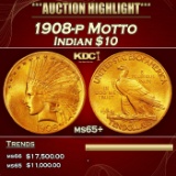 1908-p Motto Gold Indian Eagle $10 ms65+ SEGS