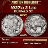 1937-d 3 Leg Buffalo Nickel 5c ms65 SEGS