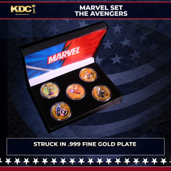 5 Coin Gold Plated Marvel Avengers Superhero Set Includes Hulk, Iron Man, Hawkeye, Thor, & Captain