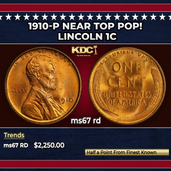 1910-p Lincoln Cent Near Top Pop! 1c ms67 rd SEGS