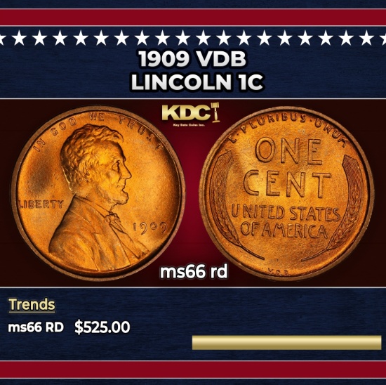 1909 VDB Lincoln Cent 1c Grades GEM+ Unc RD