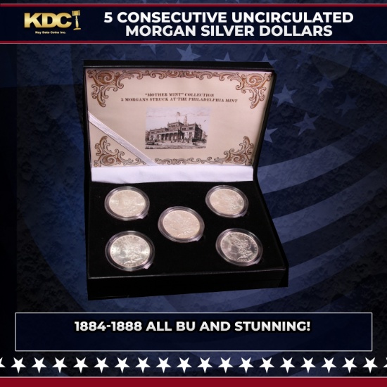 5x Coin Consecutive MORGAN Set 1884-1888-p ALL UNC, 5 Morgan Dollars From Philly