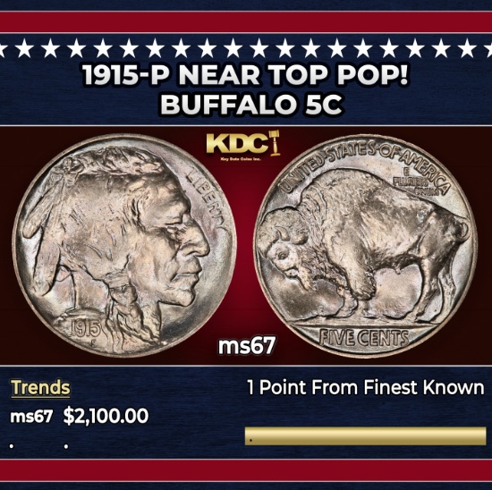 1915-p Buffalo Nickel Near Top Pop! 5c ms67 SEGS