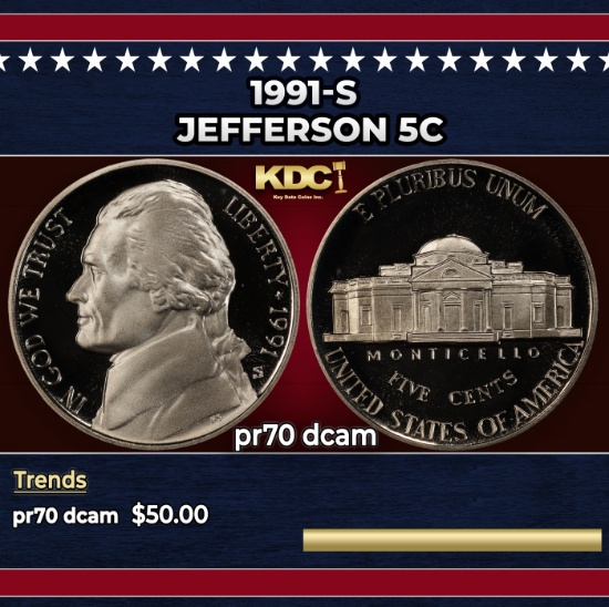 1991-s Proof Jefferson Nickel 5c pr70 dcam SEGS