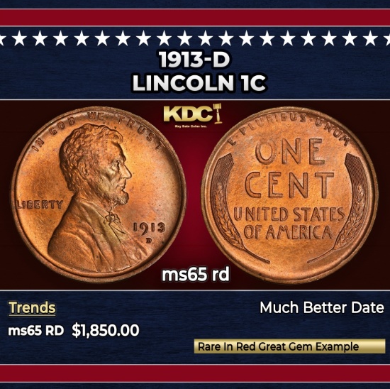 1913-d Lincoln Cent 1c ms65 rd SEGS